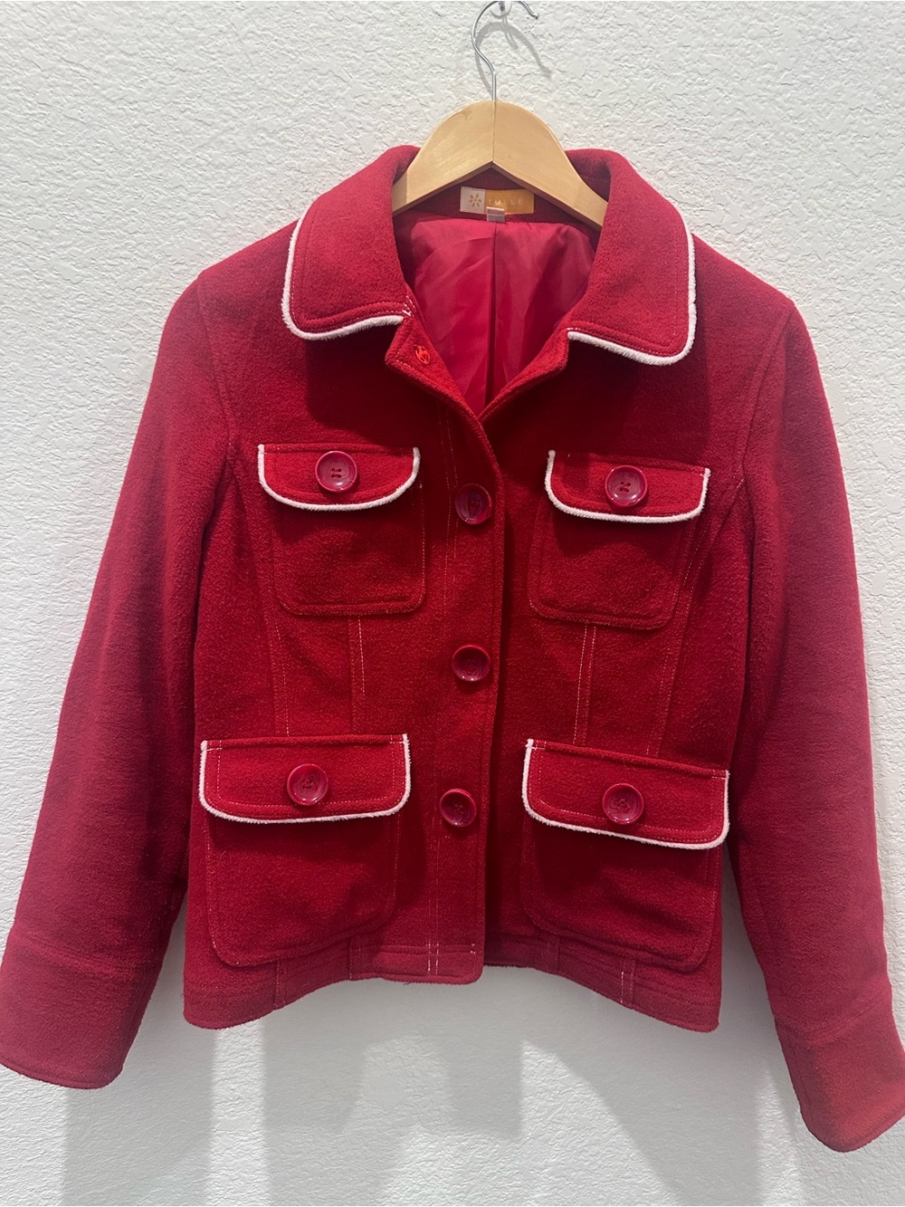 Tulle Women's Wool Blend Military Jacket Contrast Trim Button Front Size L